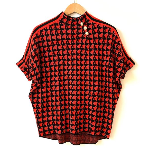 Vintage Christian Dior Red Black Houndstooth Mock Neck Short Sleeve Sweater Top - Picture 1 of 14